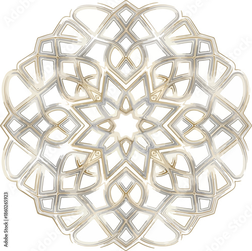An islamic modern luxury illustration featuring an intricate geometric pattern with gold and white shapes on a white background. Perfect for luxury branding, wallpaper designs, and