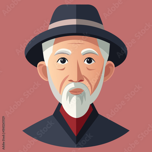 Modern vector icon of an elderly East Asian boy, neutral expression, beard, hat, front view, diverse style