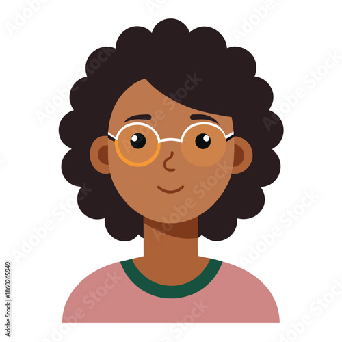 Minimal vector icon of a teenage African woman, calm expression, curly hair, glasses, front view, diverse style.