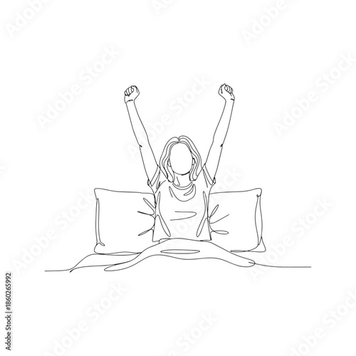 Continuous line drawing of young woman waking up and stretching in bed, minimalist vector illustration of morning routine
