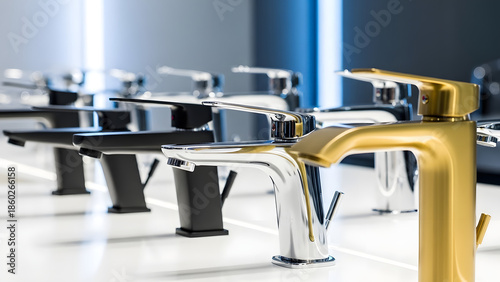 Showroom display of modern luxury bathroom and kitchen faucets in gold, chrome, and matte black finishes. Interior design plumbing fixtures for home renovation and contemporary decor styles.