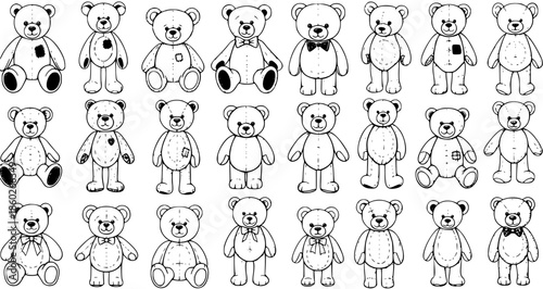 Black and White Line Art Collection of Diverse Teddy Bear Illustrations, Vector Icons for Children's Themes