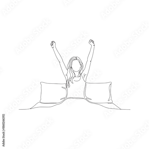 Continuous line drawing of young woman waking up and stretching in bed, minimalist vector illustration of morning routine

