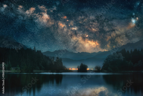 Foto Majestic dark blue scene at a lake in the night, with mountains, trees and the l