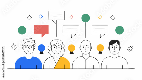 Group of people with speech bubbles and lightbulbs illustration. Flat design concept of brainstorming, communication, and idea generation within a diverse professional team.