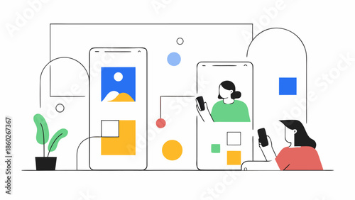 Minimalist mobile app UI and video call illustration. A flat vector scene featuring smartphones, interface elements, and characters connecting through digital technology and social media.