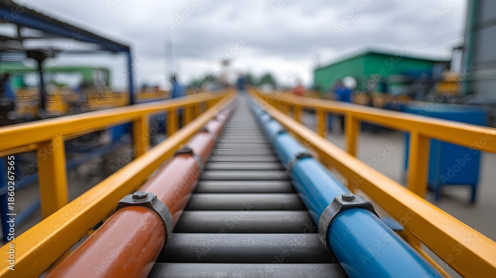 Fototapeta premium A conveyor line with orange and blue pipelines stretches into the distance in an industrial facility under an overcast sky