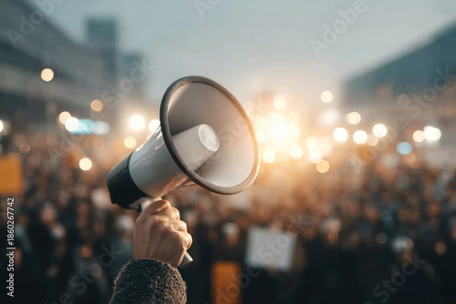 Megaphone Raised Above a Large Crowd at Protest. A dramatic scene capturing activism, freedom of speech, social movements, civic engagement, and mass communication in an urban environment.