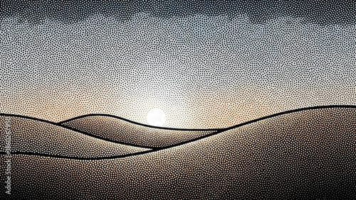 Pointillist desert landscape with sun setting behind hills, warm gradient sky, stippling technique, serene sandy dunes