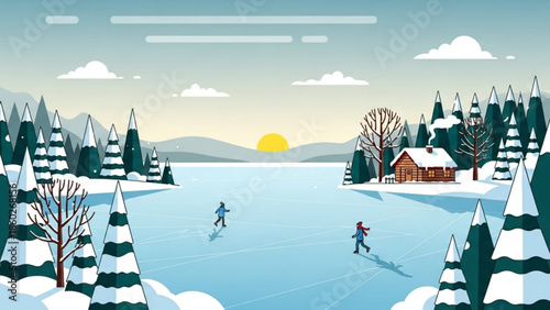 Winter landscape with people ice skating on a frozen lake surrounded by snow-covered trees and mountains a cozy cabin and a setting sun vector illustration for seasonal concepts