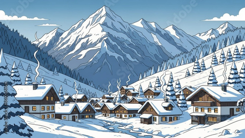 Cozy alpine village nestled in snow-covered mountains winter landscape illustration with smoking chimneys perfect for holiday and travel themes