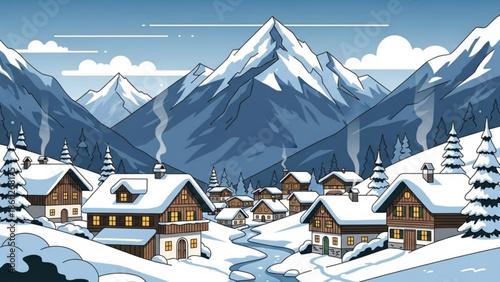 Charming snow-covered village nestled in a valley with majestic mountains and pine trees perfect for winter holiday or travel themes
