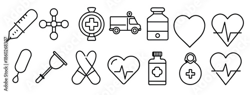 medical line icon set contains stethoscope ambulance