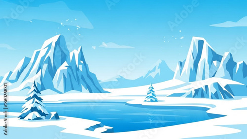 Winter landscape with snow-covered mountains and frozen lake a serene arctic scene with pine trees perfect for nature or travel backgrounds