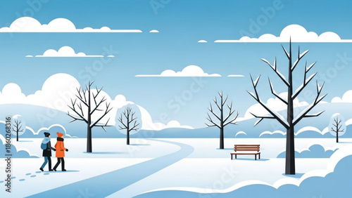 Couple walking in a snowy park with bare trees and a bench winter landscape illustration for seasonal concepts and outdoor recreation