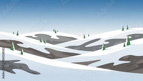 Winter landscape with snow-covered hills and sparse evergreen trees a serene natural scene for seasonal backgrounds and nature-themed designs