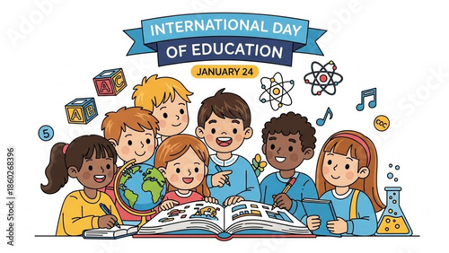 International day of education january 24 children learning together with globe book and educational icons around them
