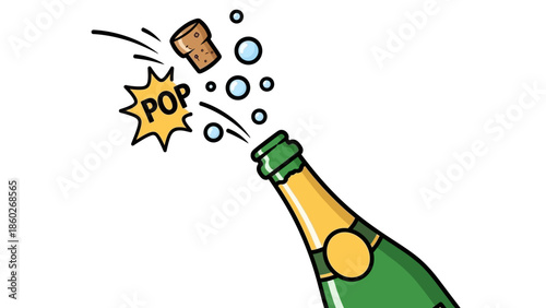 Celebrating the moment with a champagne bottle popping its cork and releasing bubbles