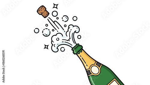 A popping cork and fizzing champagne bottle, celebrating success and milestones