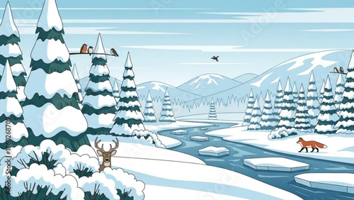 Winter landscape illustration with snow-covered trees a flowing river and wildlife perfect for seasonal greetings and nature-themed designs
