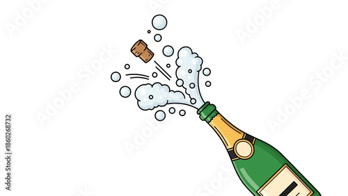 Celebration popping cork from champagne bottle with splashes of sparkling wine and bubbles