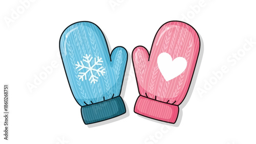 Charming Pair of Colorful Winter Mittens Blue with Snowflake and Pink with Warm Heart, Perfect for Cold Weather Illustration