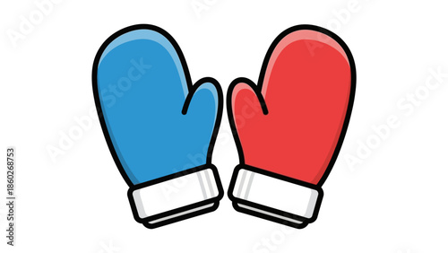 Pair of Warm Winter Mittens, One Red and One Blue, Ready for Cold Weather Fun