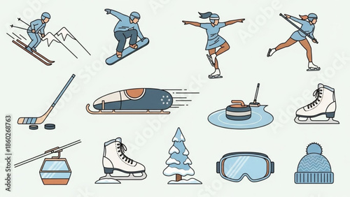 Collection of winter sport icons including skiing snowboarding ice skating and bobsled perfect for sports apps and seasonal graphics