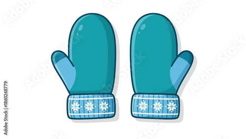 Turquoise Winter Mittens with Snowflake Pattern on White Background