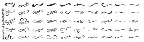 Vintage calligraphic swirl ornament set, elegant decorative flourishes and filigree dividers for classic design on transparent background