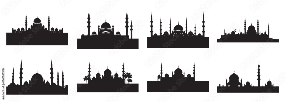 Obraz premium mosque silhouette bundle white background