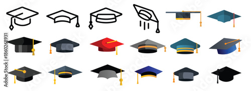 mortarboard academic cap vector color icons set