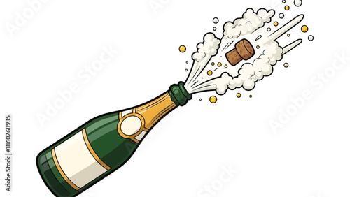 Vibrant cartoon illustration of a sparkling wine bottle popping its cork with an energetic burst of celebratory bubbles and foam