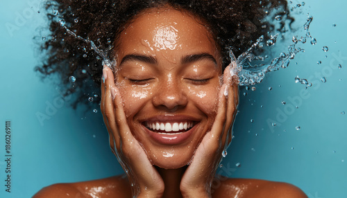 Refreshing facial cleansing with water splash against blue background