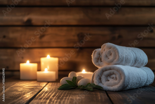 Spa scene with rolled towels and candles on wooden surface for relaxation and wellness