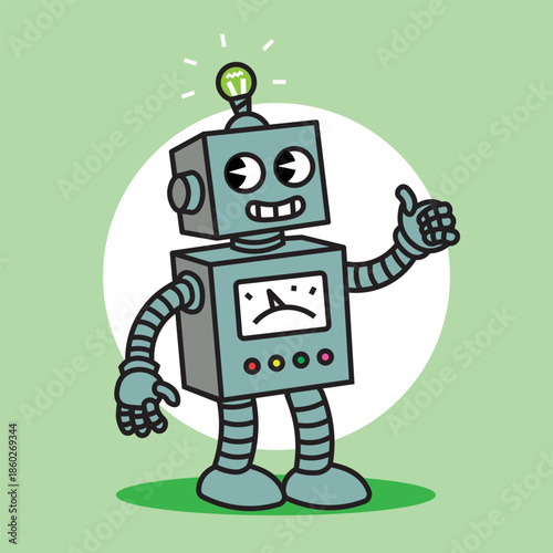 Cute cartoon robot giving thumbs up with light bulb idea concept
