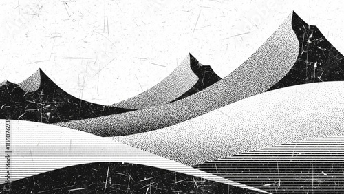 Monochromatic landscape with abstract hills and mountains in black, white, and gray tones, featuring stippling and halftone dot patterns