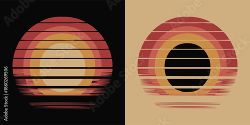 Vintage retro sunset design featuring layered horizontal stripes in warm earthy tones displayed against contrasting dark and light backgrounds.