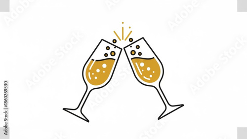 Two champagne glasses clinking together with bubbly drink and festive atmosphere for celebration
