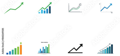 Illustration of set of eight different icons representing business growth, statistics, and upward trending charts