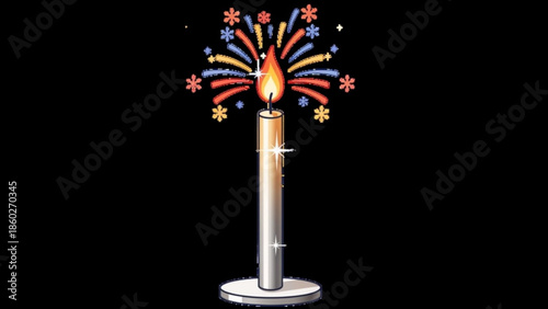 Candle on metal stand with colorful firework design and sparkling flowers against black background