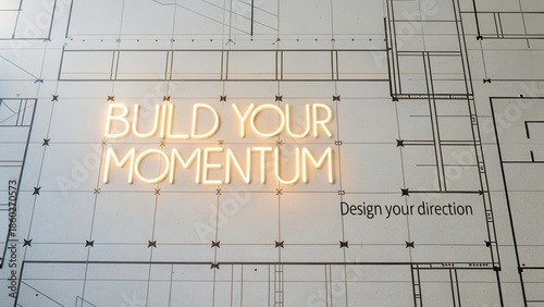 Neon sign with quote Build Your Momentum on blueprint
