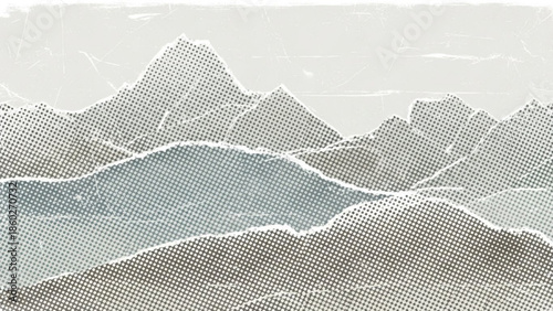 Halftone mountain landscape with green and gray hues, white outline, and dotted texture, serene natural scenery