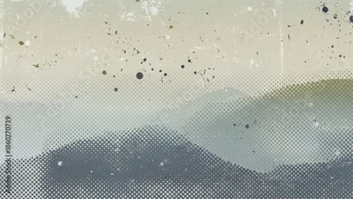 Halftone illustration of abstract landscape with hills and sky in muted green tones