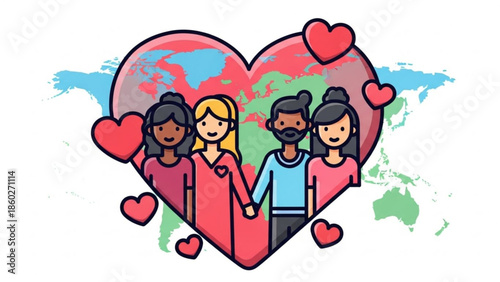 Diverse group of people holding hands in heart shape around the world with hearts