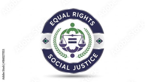 Equal rights and social justice symbol with scales and laurel wreath in blue green and white colors on white background