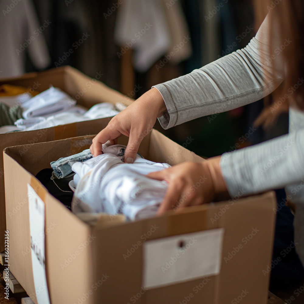 Obraz premium Person sorting clothes in cardboard donation boxes