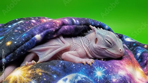 Adorable Baby Dragon Sleeping Peacefully on a Galaxy Blanket with Green Background.