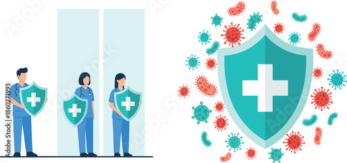 Medical doctors and nurses holding protective shields to defend the human immune system against virus bacteria and germs.