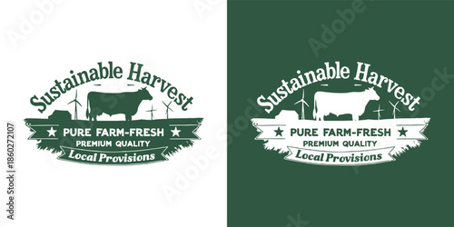 Agricultural farm logo featuring a silhouette of a cow surrounded by sustainability symbols like wind turbines and farm text elements